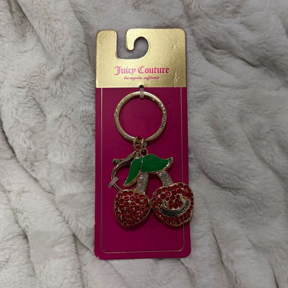 Juicy Couture Gold Cherry Bling Rhinestone Bedazzled Logo Keychain Bag Charm 🍒